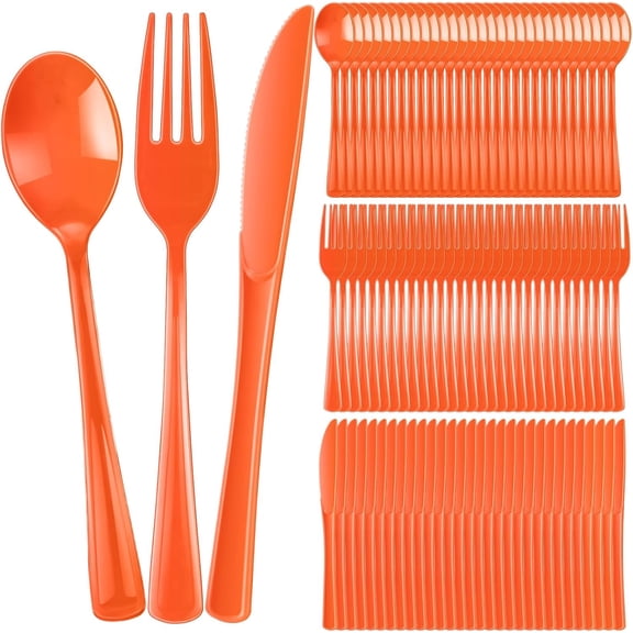 300 Pcs Plastic Silverware Heavy Duty Disposable Cutlery,Orange