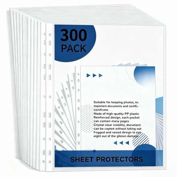 300 Pcs Sheet Protectors, Clear Plastic Page Protectors Sheet Reinforced 11-Hole Fit for 3 Ring Binder Fits Standard 12 x 9.25 Paper