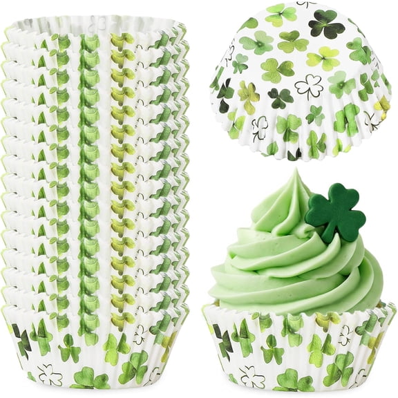 300 Pcs St. Patrick's Day Shamrock Cupcake Liner Paper Baking Cups Green Leaf Clover Watercolor Muffin Liner Cake Storage Container for Irish Holiday Party Supplies, 2 x 1.2 Inch