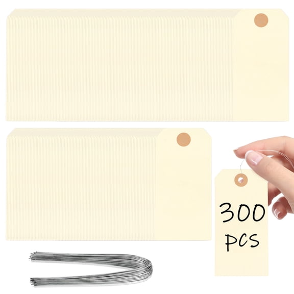 300 Pcs String Tag Labels,2 3/8"x4 3/4", Double Sided Writable Manila Tag with Reinforced Hole and Wire Attached
