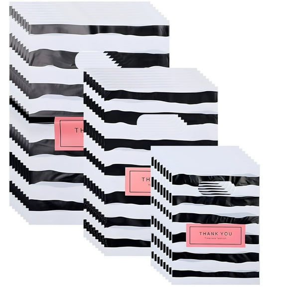 300 Pcs Thank You Shopping Bags, Black & White Striped Boutique Merchandise Bags with Handles - 3 Sizes Bulk Plastic Retail Present Bags for Small Business (6"x8", 8"x10", 8"x12")