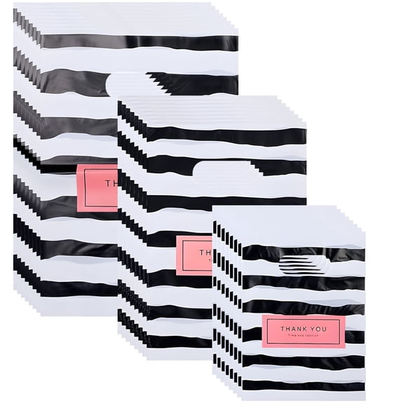 300 Pcs Thank You Shopping Bags, Black White Striped Boutique Merchandise Bags with Handles, 3 Sizes Bulk Plastic Retail Present Bags for Small Business, 6x8, 8x10, 8x12