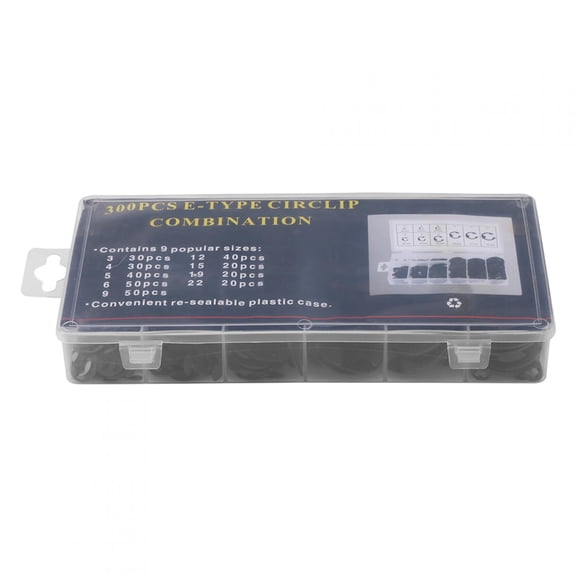 300-Piece Black Metal E-Clip Shaft Retaining Ring Assortment Kit (3mm to 22mm / 0.12 to 0.87 inches) for Automotive and Home Repair