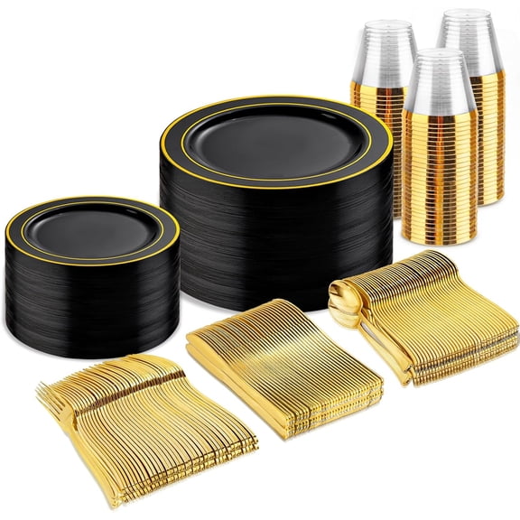 300-Piece Black and Gold Disposable Dinnerware Set for 50 Guests Including Plates Forks Knives Spoons and Cups