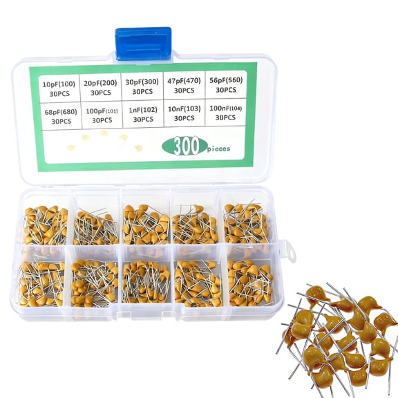300-Piece Ceramic Capacitor Assortment Kit, 10 Values 50V Monolithic Capacitors for Electronics Projects DIY Circuits and Repair(10P-100NF)