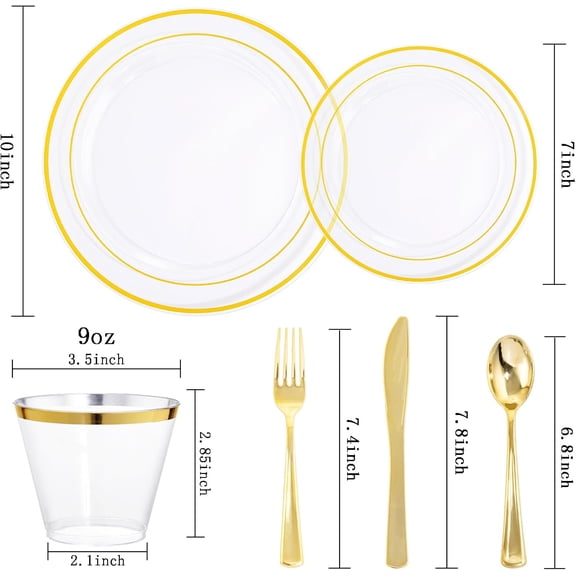 300-Piece Clear Plastic Disposable Dinnerware Set with Gold Trim Including Dinner Plates Dessert Plates Cups and Silverware