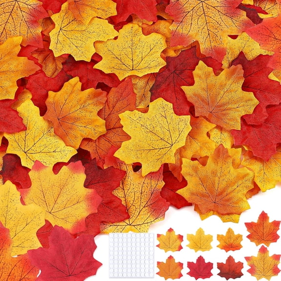 300 Piece Fall Leaves Set 7 Colors Artificial Autumn Maple Leaf Decor with 100 Glue Dots Perfect for Wreath and Bouquet Making, Weddings, Halloween, Thanksgiving Decoration