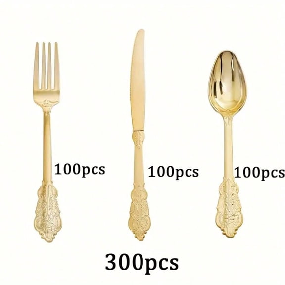 300-Piece Gold Plastic Silverware Set, Heavy-Duty Disposable Elegant Party Tableware Serves 100 Guests for Weddings, Birthdays, and Holidays