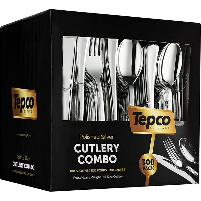 300 Piece Plastic Silverware Set Disposable Cutlery Set Silver