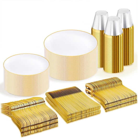 300-Piece White and Gold Disposable Dinnerware Set with Plates Cups and Cutlery