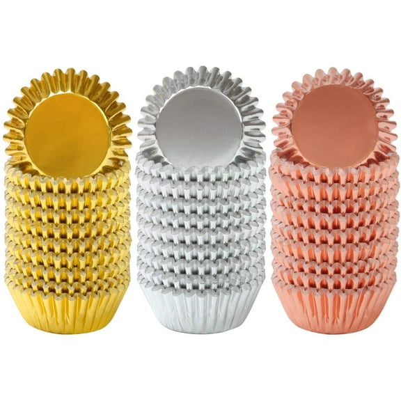 300 Pieces 1.25 Inch Mini Foil Metallic Cupcake Liners Muffin Paper Cases Baking Cups, Gold, Silver and Rose Gold