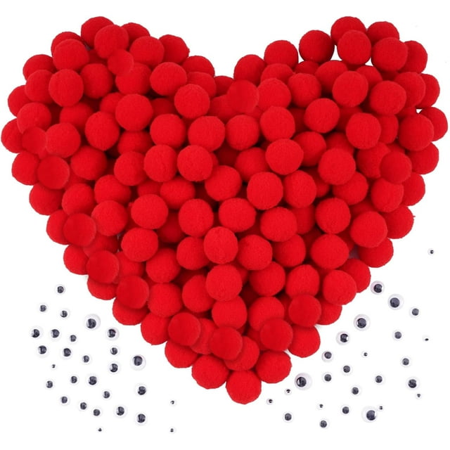 300 Pieces 1 Inch Red Pom poms with 100 Pieces Wiggle Eyes, Arts and Crafts Pompom Balls for Kids DIY Art Creative Crafts Decorations