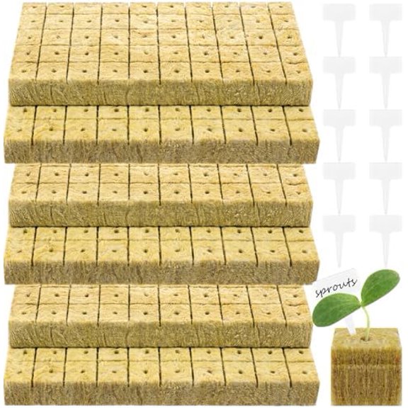 300 Pieces 1 Inch Rockwool Cubes for Hydroponics, Garden Rock Wool Planting Cubes with 10 Plant Name Tags Seed Starter Plugs Mini Blocks for Soilless Cultivation Seedlings Cutting Clone (6 Sheets)