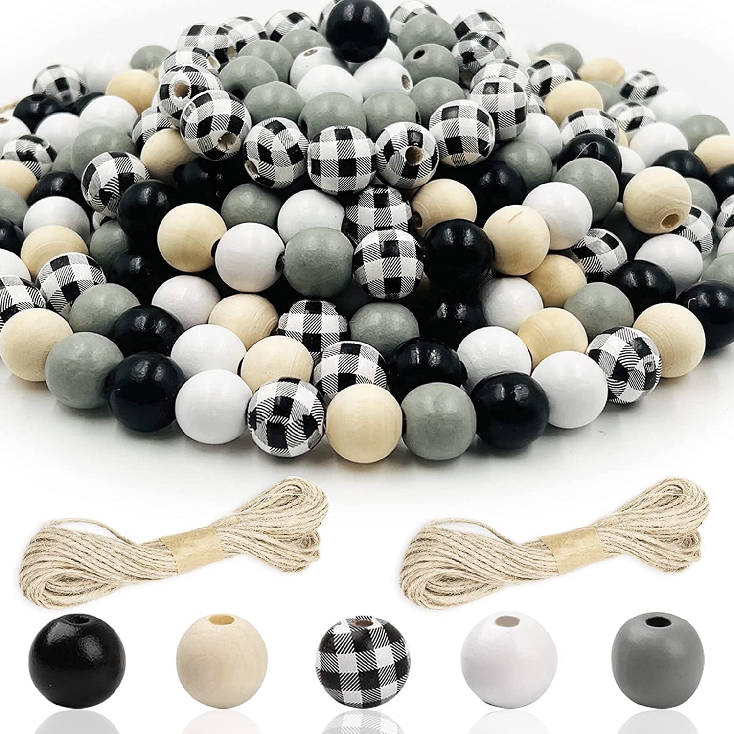 300 Pieces 16mm Craft Wood Beads And 20m Hemp Rope, DaKuan Four Seasons DIY Wooden Beads, Craft Supplies, Black, White, Grey, Checkered, Pure Wood Color, Five Colors