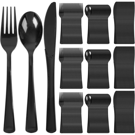 300 Pieces Black Plastic Silverware Disposable Tableware Black Disposable Silverware Heavy Duty Plastic Tableware Set 100 Fork 100 Knife 100 Spoon Wedding Party Supplies Daily Use