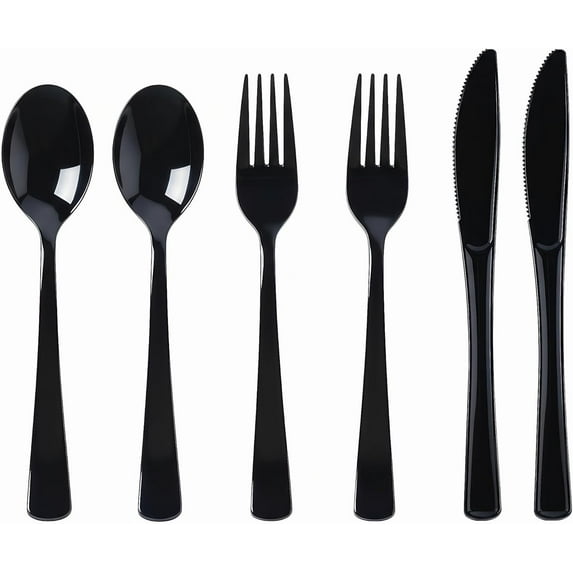 300 Pieces Of Black Plastic Silverware,Heavy Duty, 100 Forks, 100 Spoons, 100 Knives, Heat-Resistant and BPA-free Disposable Silverware,Party Supplies, High-end Utensils