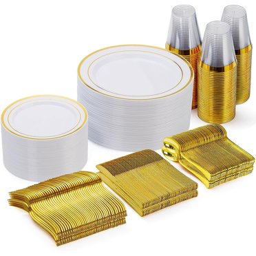 350 Piece Gold Dinnerware Set,100 Plastic Plates, 50 Cups,50 Pre Rolled Napkins With Plastic Silverware, Disposable Gold Dinnerware Set For 50 Guest