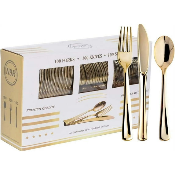 300 Pieces Gold Plastic Silverware - Heavy Duty Disposable Cutlery Set Plastic Gold Silverware Set Includes 100 Forks, 100 Spoons, 100 Knives for Party Valentine’s Day