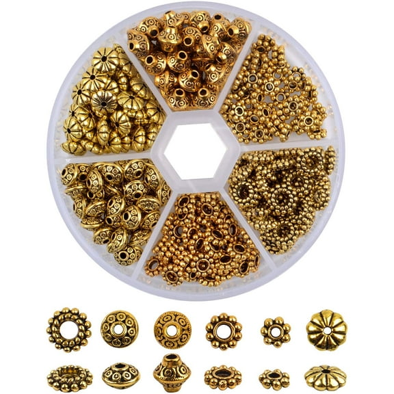 300 Pieces Metal Antique Gold Spacer Beads Bead Cap Ends Tibetan Beads Craft Loose Beads Jewelry Accessories for Jewelry Making, 6 Styles