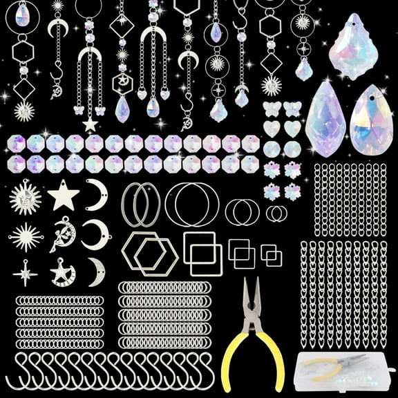 300 Pieces Sun Catcher Crystal Craft Set, Crystal Sun Catcher with Handmade Tongs and Pendants, DIY Sun Catcher Crafts, Crystals for Hanging for Windows, Living Room, Garden