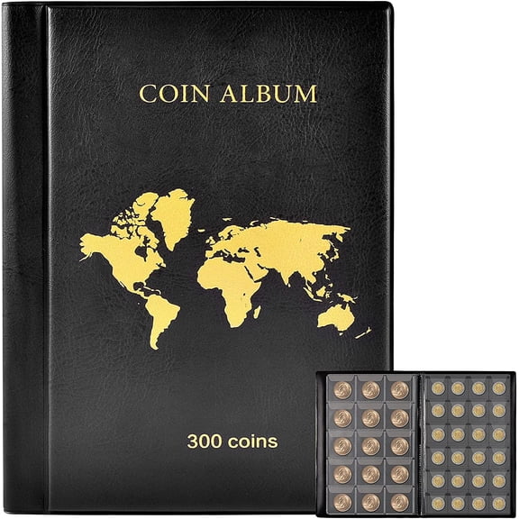 300-Pocket Coin Collection Book Holder Album, Display Storage Case for Pennies, Quarters & Currency (Black)