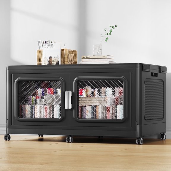 300Qt Extra Large Stackable Storage Bins with Lid, 75Gal Collapsible Closet Organizer and Storage Drawers with Wheels, Plastic Storage Box, 1Pack, Black