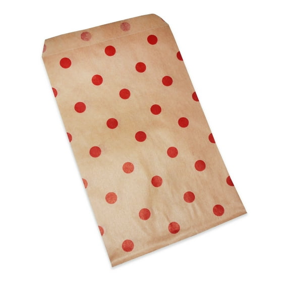 300 Qty 4" x 6" Decorative Flat Paper Gift Bags - Red Polka-Dot on Brown Kraft Bags - for Sales/Treats/Parties Cookies/Gifts - N'icePackaging
