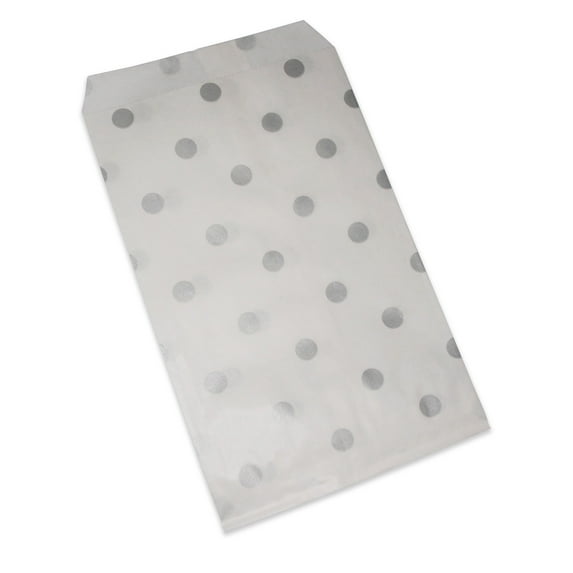 300 Qty 4" x 6" Decorative Flat Paper Gift Bags - Silver Polka-Dot on White Bags - for Sales/Treats/Parties Cookies/Gifts - N'icePackaging