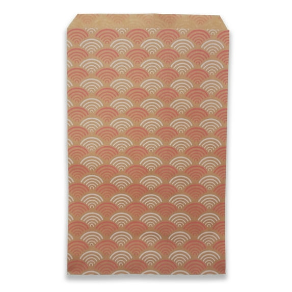 300 Qty 6" x 9" Decorative Flat Paper Gift Bags - Flamingo-Pink Fan Pattern on Brown Kraft Bags - For Sales/Treats/Parties Cookies/Gifts - N'icePackaging