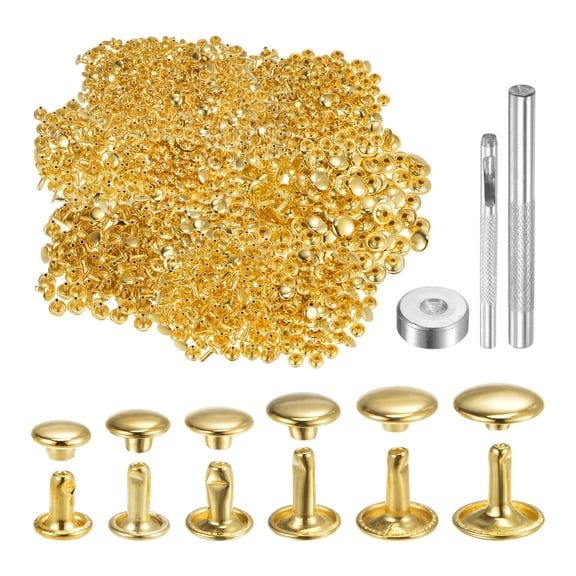 300 Sets Leather Rivets 6 Size Metal with 3 Setter Tools, Gold Tone
