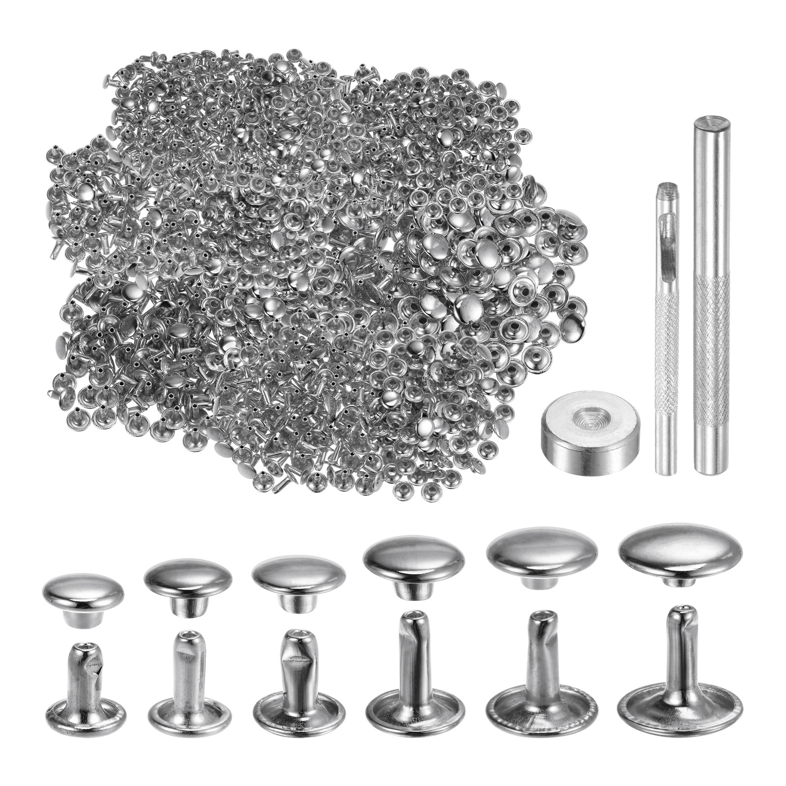 300 Sets Leather Rivets 6 Size Metal with 3 Setter Tools, Silver Tone