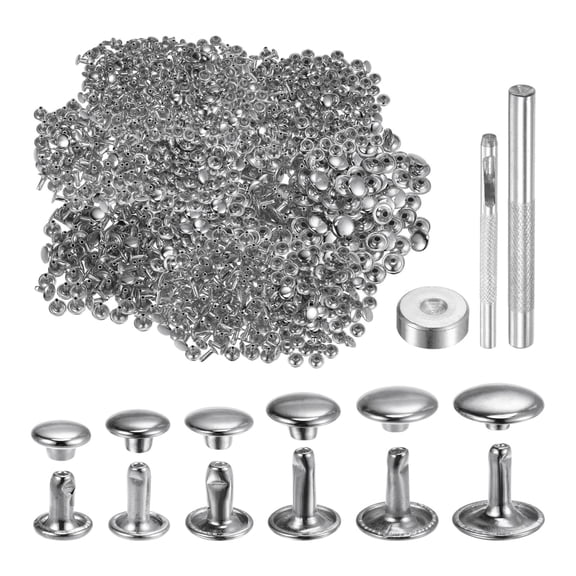 300 Sets Leather Rivets 6 Size Metal with 3 Setter Tools, Silver Tone