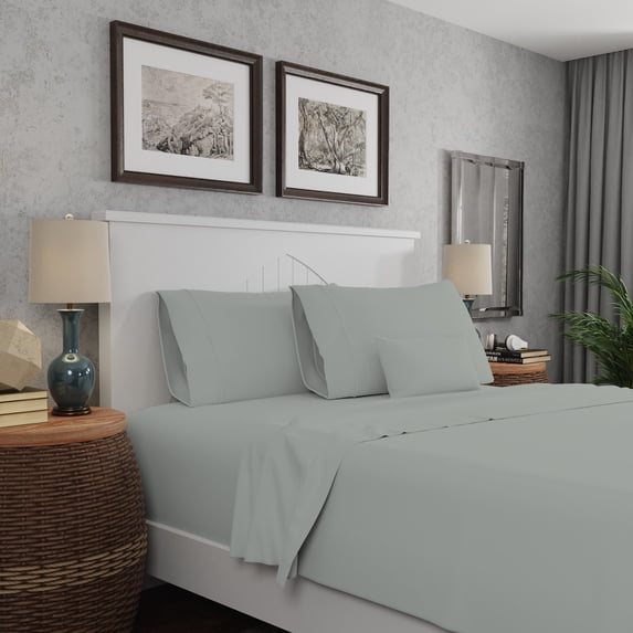 Purity Home 4-Piece Queen Sheet Set 300TC Sateen, Cotton Rayon Blend, Deep Pockets, Ultra-Soft, Eco-Friendly & Durable Light Gray