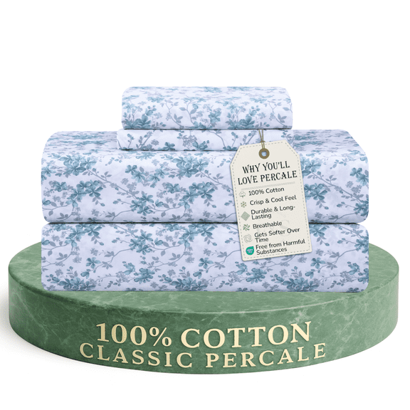 Feather and Stitch New York 4-Piece 300 Thread Count Blue Floral 100% Cotton Percale Sheet Set, King
