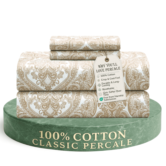 Feather and Stitch New York 4-Piece 300 Thread Count Ivory Paisley 100% Cotton Percale Sheet Set, Full