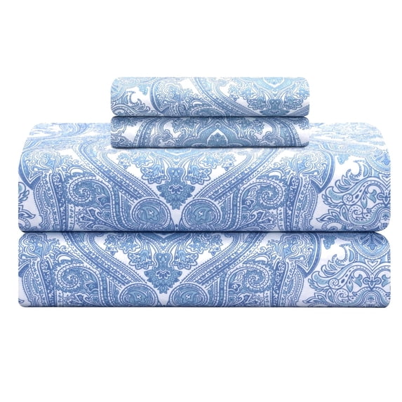Feather and Stitch New York 4-Piece 300 Thread Count Blue Paisley 100% Cotton Percale Sheet Set, King
