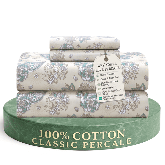 Feather and Stitch New York 4-Piece 300 Thread Count Beige Paisley 100% Cotton Percale Sheet Set, King
