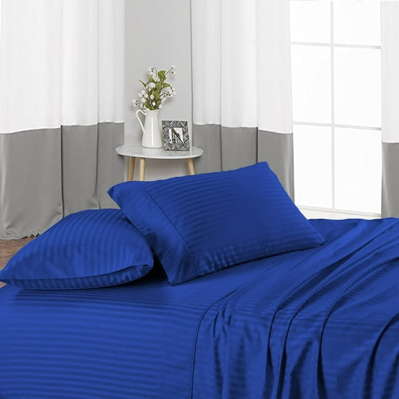 300 THREAD COUNT, 7 Piece Bed Sheet Set, 12" Deep Pocket, 100% Egyptian Cotton, Sateen Finish Sheet Set - Royal Blue Stripe, Full Size.