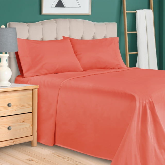 300 Thread Count 100 Cotton Deep Pocket Solid Bedding Sheet Set, Queen, Coral Blue Nile Mills