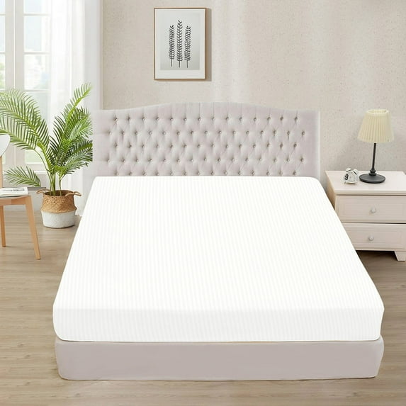300 Thread Count 100% Egyptian Cotton 3-Piece Fitted Sheet ( 1 Fitted Sheet + 2 Pillow Covers) 15 Inches Deep Pocket Size Full Color White Stripe