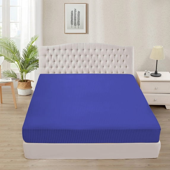 300 Thread Count 100% Egyptian Cotton 3-Piece Fitted Sheet ( 1 Fitted Sheet + 2 Pillow Covers) 15 Inches Deep Pocket Size Olympic-Queen Color Royal Blue Stripe