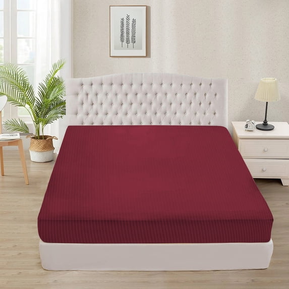300 Thread Count 100% Egyptian Cotton 3-Piece Fitted Sheet ( 1 Fitted Sheet + 2 Pillow Covers) 18 Inches Deep Pocket Size Queen Color Burgundy Stripe