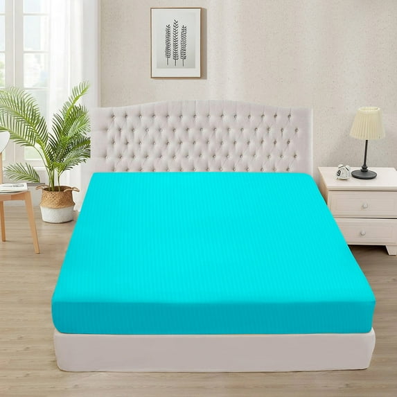300 Thread Count 100% Egyptian Cotton 3-Piece Fitted Sheet ( 1 Fitted Sheet + 2 Pillow Covers) 18 Inches Deep Pocket Size Queen Color Turquise Blue Stripe