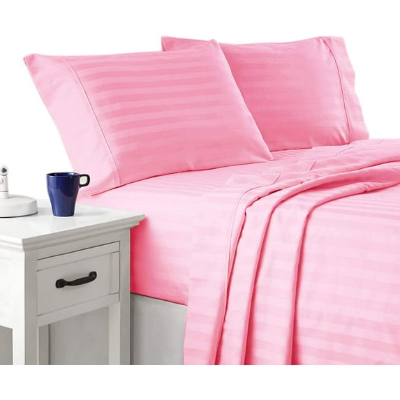 300 Thread Count 100% Egyptian Cotton 4-Piece Bed Sheet Set (1 Flat, 1 Fitted Sheet, 2 Pillow Covers) 21 Inches Deep Pocket Size Queen Color Pink Stripe