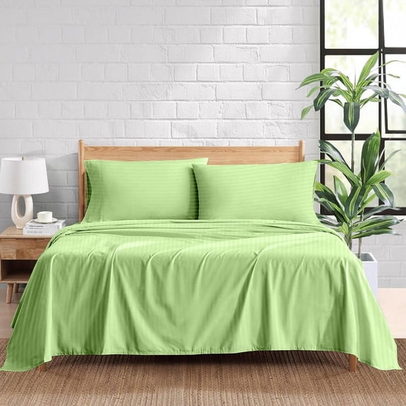 300 Thread Count 100% Egyptian Cotton 4-Piece Bed Sheet Set (1 Flat, 1 Fitted Sheet, 2 Pillow Covers) 24 Inches Deep Pocket Size Twin Color Sage Stripe
