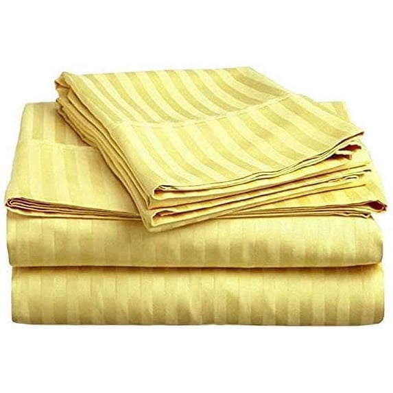 300 Thread Count 100% Egyptian Cotton 4-Piece Bed Sheet Set (1 Flat, 1 Fitted Sheet, 2 Pillow Covers) 27 Inches Deep Pocket Size Full Color Gold Stripe