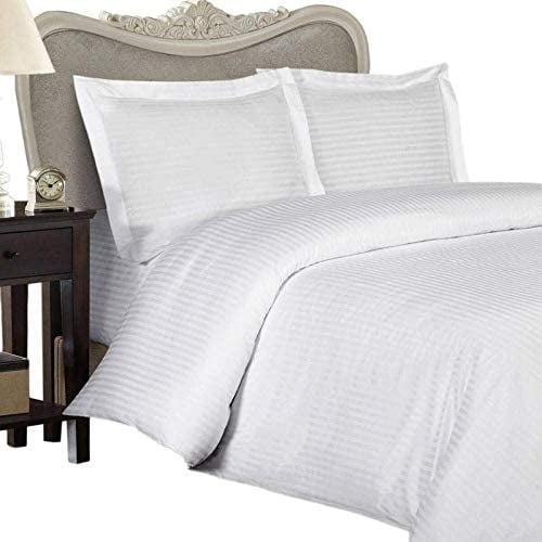300 Thread Count 100% Egyptian Cotton 4-Piece Bed Sheet Set (1 Flat, 1 Fitted Sheet, 2 Pillow Covers) 27 Inches Deep Pocket Size Queen Color White Stripe