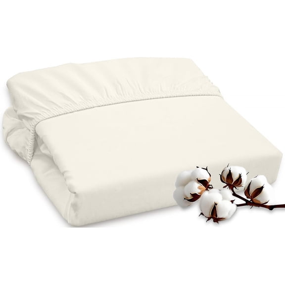 300 Thread Count 100% Long Staple Combed Cotton Fitted Sheet Queen - Super Soft Deep Pocket Bottom Sheet - Fitted Sheets Only - Elastic Sheets (Queen, Cream)