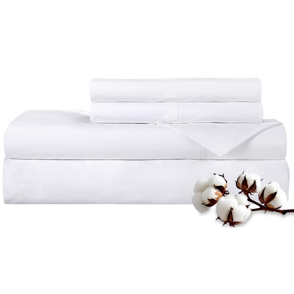 Queen Size 4 Piece Sheet Set, 300 Thread Count 100% Long Staple Combed Cotton, Soft Cooling Bed Sheets, Fitted Sheet, Flat Sheet, 2 Pillowcases, White