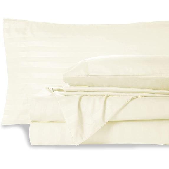300 Thread Count 6 Piece Luxury Bed Sheet Set, 1 Flat, 1 Fitted and 4 Pilowcases, 22" Deep Pocket, 100% Egyptian Cotton, Luxury Feel Bed Sheet Set - Ivory Stripe, Twin XL Size.